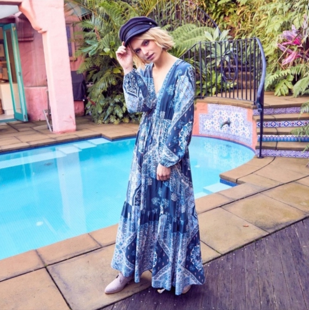 JAASE Raya Print Blue Santo Long Sleeve Maxi Dress Flowy Hippie Bohemian S New